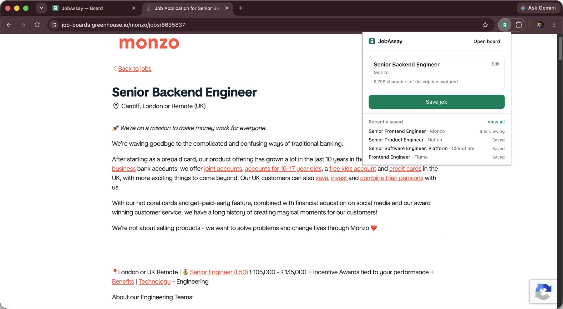 The save popup over a job posting